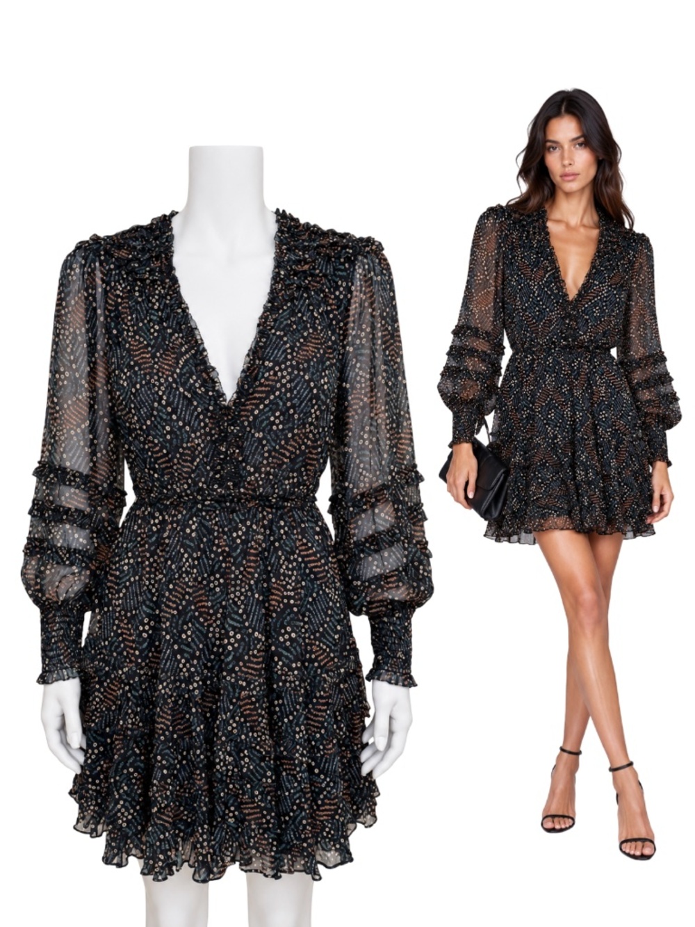 $695 ULLA JOHNSON Avery Dress Dusk Silk Chiffon Ruffle Mini Dress XS